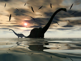 Diplodocus Dinosaurs Bathe in a Large Body of Water Photographic Print by  Stocktrek Images
