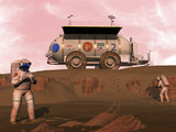 Illustration of Astronauts Examining an Outcrop of Sedimentary Rock on a Martian Dune Field Photographic Print by  Stocktrek Images