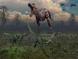 Two Lesothosaurus Dinosaurs Run Out of the Way of a T-Rex on a Rampage Photographic Print by  Stocktrek Images