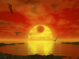 Flying Life Forms Grace the Crimson Skies of the Earth-Like Extrasolar Planet Gliese 581 C Photographic Print by  Stocktrek Images