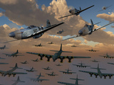 B-17 Flying Fortress Bombers and P-51 Mustangs in Flight Photographic Print by  Stocktrek Images