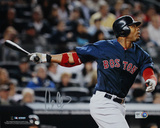Carl Crawford Autographed Boston Red Sox Blue Jersey Hit Horizontal Photograph Photo