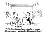 "I filed my taxes electronically to speed things up and I got audited in r…" - New Yorker Cartoon Premium Giclee Print by Aaron Bacall