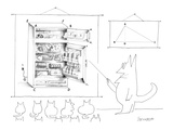 A cat  teacher  points to a diagram of a refrigerator filled with food. Th… - New Yorker Cartoon Premium Giclee Print by Saul Steinberg