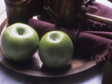 Green Apples on a Plate Alongside a Teapot and Maroon Napkins Photographic Print by Paul Daimien