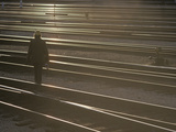 A Railroad Worker with a Lantern and Yellow Hard Hat and Tracks Photographic Print by Paul Damien