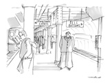 subway platform has two signs:  Downtown Express and Bell Bottoms; smiling… - Cartoon Premium Giclee Print by Michael Crawford