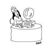 Woman sitting at a table staring at her  crystal ball that is interfaced t… - Cartoon Premium Giclee Print by Peter Mueller