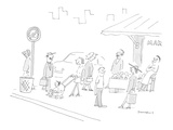 All pedestrians on the sidewalk are smiling; there's street sign whose des… - Cartoon Premium Giclee Print by Liza Donnelly