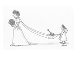 Flower girl holding brides train which is carrying a watering can. - Cartoon Premium Giclee Print by J.P. Rini
