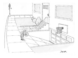 Kid attempting to throw basketball at hoop above sloped driveway. - Cartoon Premium Giclee Print by Jack Ziegler