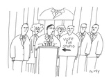 Man stands in front of podium with a variety of people behind him; next to… - Cartoon Premium Giclee Print by Peter C. Vey