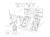 Small girl looking in toy store window at two dolls.  One doll is labeled … - Cartoon Premium Giclee Print by Arnie Levin
