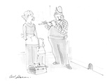Exterminator with toolbox playing flute waiting for mice to appear as moth… - Cartoon Premium Giclee Print by Bernard Schoenbaum