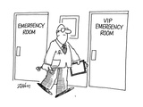 Doctor walks past two doors in hospital hallway. One reads: 'Emergency Roo… - Cartoon Premium Giclee Print by Bob Zahn