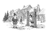 17th century criminal in stocks over which someone has painted a bunny bod… - Cartoon Premium Giclee Print by John Jonik