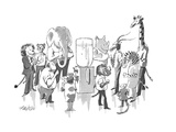A variety of wild animals in business clothes stand around an office water… - New Yorker Cartoon Premium Giclee Print by Mischa Richter