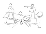 Man walks between two statues. One statue's base is inscribed 'Who Me?' an… - Cartoon Premium Giclee Print by Jack Ziegler