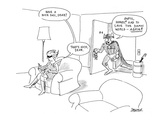 Wife sitting in living room reading says to husband in super hero costume;… - Cartoon Premium Giclee Print by Jack Ziegler