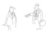 Businessman with briefcase, begging on street with upturned hat, wears sig… - Cartoon Premium Giclee Print by Arnie Levin