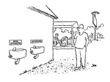 Man at gas station looking at two water fountains, one sign says 'Non Smok… - Cartoon Premium Giclee Print by John Jonik