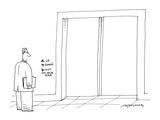 man looking at elevator button options:  Up, Down, and Out On Your Ear - Cartoon Premium Giclee Print by Mick Stevens
