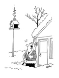 Man shoveling snow in front of his house in the dead of winter notices smo… - Cartoon Premium Giclee Print by Bob Zahn