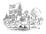 the Old Woman Who Lived in a Shoe, here walking in shoes that are miniatur… - Cartoon Premium Giclee Print by John Jonik