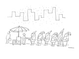 A group of Santa Claus characters stand in line to buy milk and cookies. - Cartoon Premium Giclee Print by Liza Donnelly