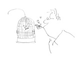 Man has a whistle in his mouth and is trying to communicate via music with… - Cartoon Premium Giclee Print by Arnie Levin
