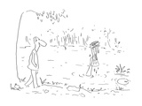 Man walking by lake sees arm of drowning person sticking out of the water … - Cartoon Premium Giclee Print by Arnie Levin