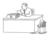 Man sitting at desk with 'In' box on desk and 'Out' box in trash. - Cartoon Premium Giclee Print by Aaron Bacall