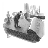 Man practices his putting on a variety of carpet surfaces as his wife and … - New Yorker Cartoon Premium Giclee Print by Richard Decker