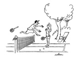 Man jumps over tennis net after game, to embrace attacative woman. - New Yorker Cartoon Premium Giclee Print by Sam Cobean