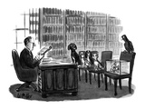 Lawyer reads will to pets. Dogs, fish, and bird look angry, cat looks plea… - New Yorker Cartoon Premium Giclee Print by Warren Miller