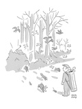 Caddy watches birds and animals scampering out of forest as golfer swings … - New Yorker Cartoon Premium Giclee Print by Chon Day
