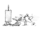 Angelic-looking muse holding back artist from painting. - New Yorker Cartoon Premium Giclee Print by Saul Steinberg