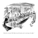 "Attention, everyone! Mr. Wyatt missed his plane and is returning to the o…" - New Yorker Cartoon Premium Giclee Print by Richard Decker