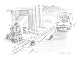 A little boy watches the 'Santa.com' delivery truck speed away after unloa… - Cartoon Premium Giclee Print by Mick Stevens
