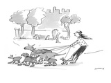 Woman walking dogs in park. Dogs, wearing roller blades, pull woman, also … - Cartoon Premium Giclee Print by Liza Donnelly