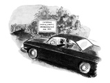 Couple in car approach road sign reading: 'Entering Exotic, Erotic Merwins… - New Yorker Cartoon Premium Giclee Print by Stan Hunt