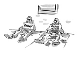 Two blind men sitting on sidewalk. One sign reads, 'Blind' and the other r… - Cartoon Premium Giclee Print by Lee Lorenz