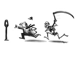 Skeleton with weapon running after man who is hurrying to put a coin in a … - New Yorker Cartoon Premium Giclee Print by Lee Lorenz