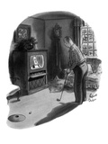 Man playing golf in living room on Sunday morning, watches a sermon on tel… - New Yorker Cartoon Premium Giclee Print by Richard Decker