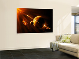 An Extraterrestrial Spacecraft Approaches a World That Lies Between Two Bright Suns Mural por Stocktrek Images An Extraterrestrial Spacecraft Approaches a World That Lies Between Two Bright Suns Mural por Stocktrek Images