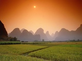 Rice fields an chalk mountains at twilight, Yangshou, Guangxi Province, China Photographic Print by Frank Krahmer