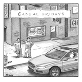 Two prostitutes in comfortable sweatpants, shorts, tennis-shoes, etc. (one… - New Yorker Cartoon Premium Giclee Print by Harry Bliss