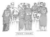 Men and women stand around at a cocktail party. Signs on their backs read,… - New Yorker Cartoon Premium Giclee Print by Michael Crawford