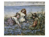 Young Girls in a Field of Cornflowers Giclee Print by Edward Atkinson Hornel