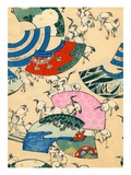 Illustration of Multicolored Fans with Cranes Giclee Print